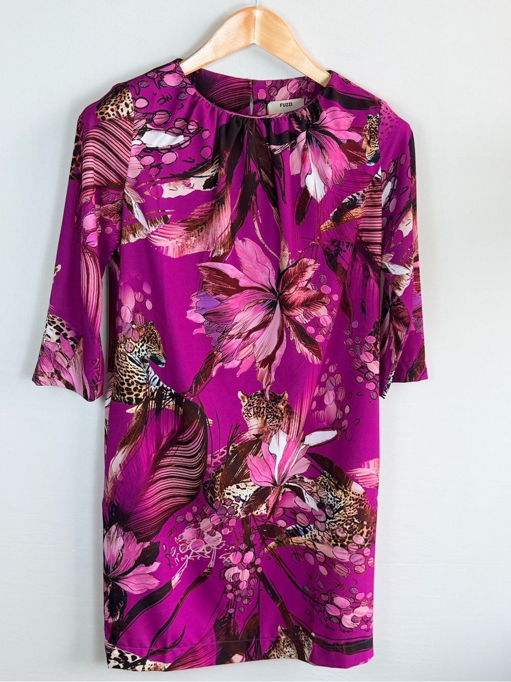 FUZZI Italy Azalea Leopard Floral Print Shift Dress Size IT 40 Small